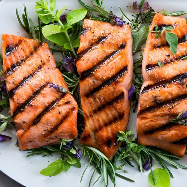 Grilled salmon fillets with grill marks, garnished with fresh rosemary, herbs, and purple flowers.