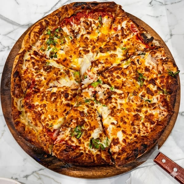 A large, sliced pizza with melted cheese, chicken, green peppers, and onions on a wooden board.